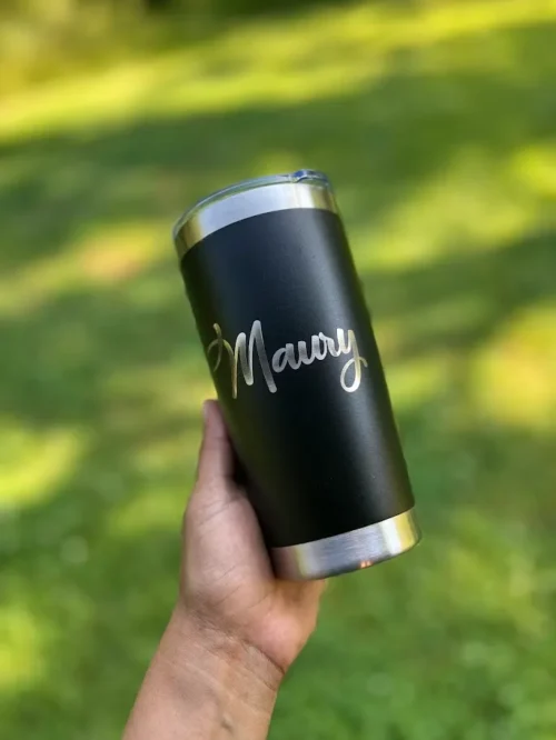 Black engraved tumbler with name